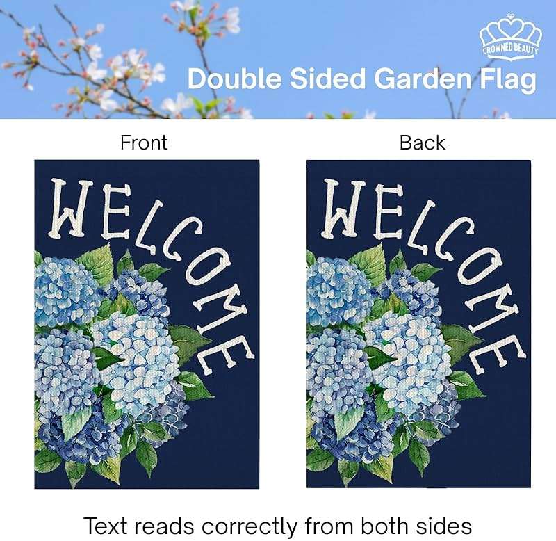 CROWNED BEAUTY Spring Garden Flag Hydrangea Welcome 12x18 Inch Double Sided Small Floral Seasonal Holiday Decoration for Outdoor Lawn Yard - Image 6