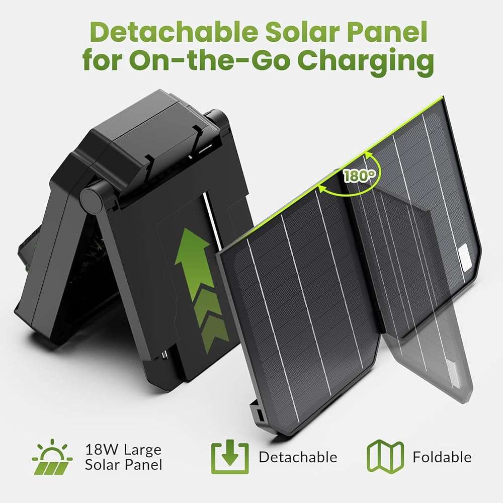 26800mAh Portable Fan Rechargeable with 18W Detachable Solar Panel, Quiet Battery Powered Camping Fan Cordless with LED Lantern,3 Speed,Timer,USB-C,for Bedroom Tent Home Office Desk Hurricane(Black) - Image 2