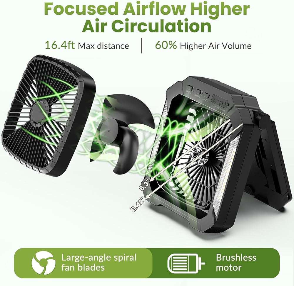 26800mAh Portable Fan Rechargeable with 18W Detachable Solar Panel, Quiet Battery Powered Camping Fan Cordless with LED Lantern,3 Speed,Timer,USB-C,for Bedroom Tent Home Office Desk Hurricane(Black) - Image 3