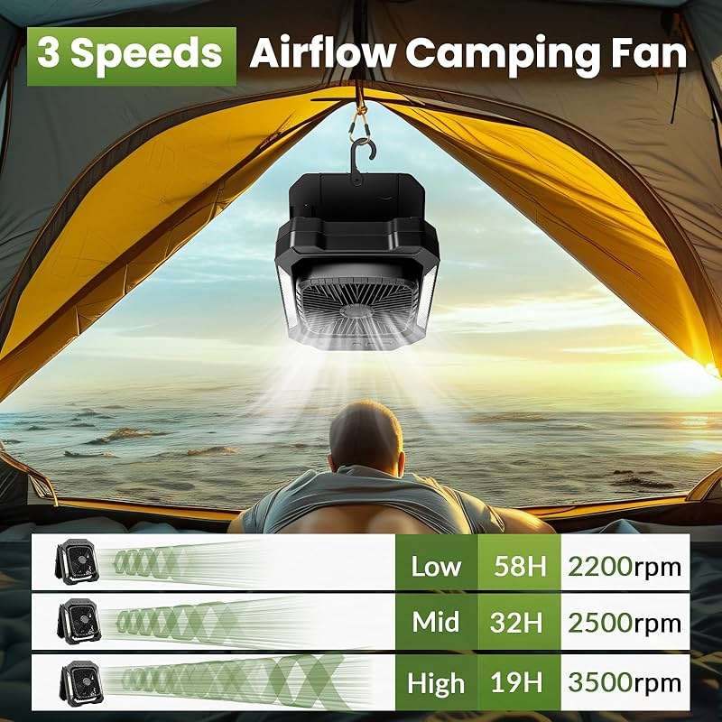 26800mAh Portable Fan Rechargeable with 18W Detachable Solar Panel, Quiet Battery Powered Camping Fan Cordless with LED Lantern,3 Speed,Timer,USB-C,for Bedroom Tent Home Office Desk Hurricane(Black) - Image 4