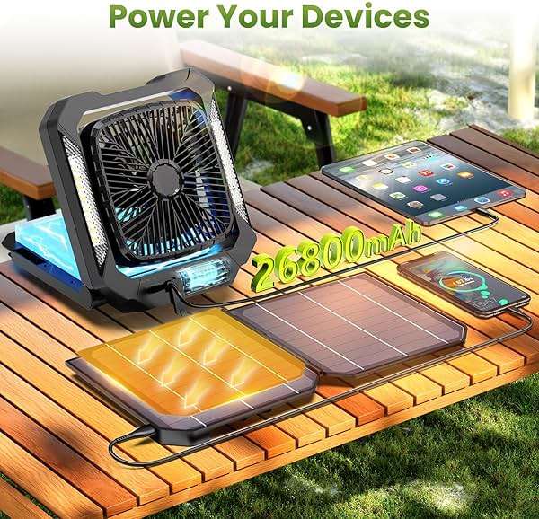 26800mAh Portable Fan Rechargeable with 18W Detachable Solar Panel, Quiet Battery Powered Camping Fan Cordless with LED Lantern,3 Speed,Timer,USB-C,for Bedroom Tent Home Office Desk Hurricane(Black) - Image 5