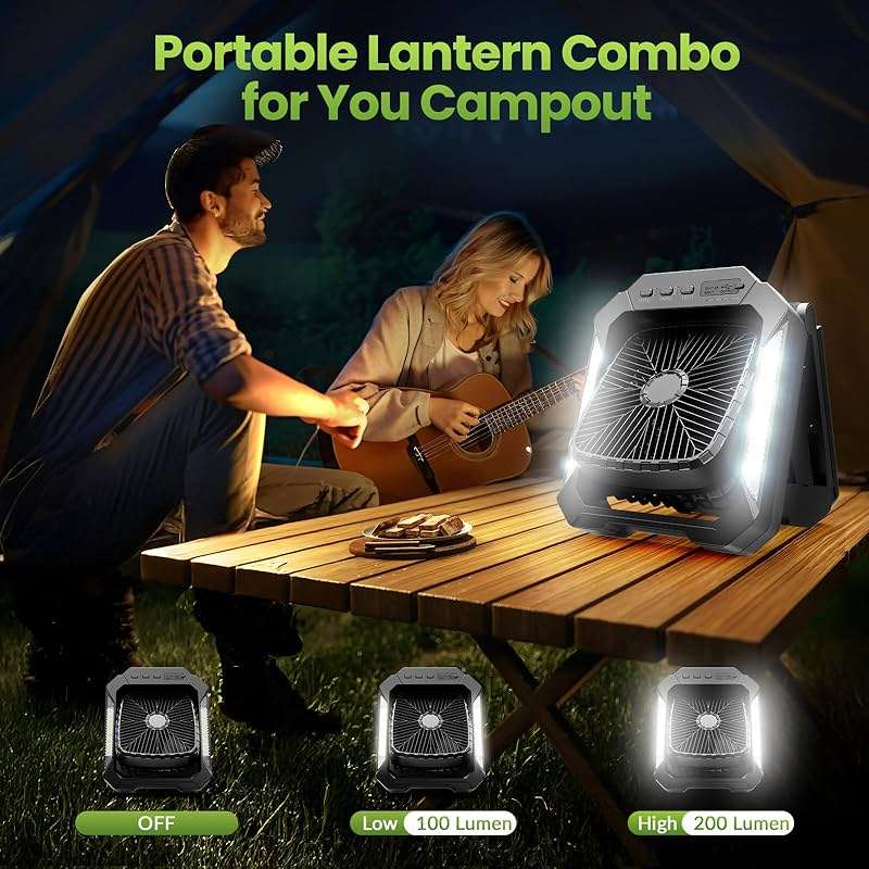 26800mAh Portable Fan Rechargeable with 18W Detachable Solar Panel, Quiet Battery Powered Camping Fan Cordless with LED Lantern,3 Speed,Timer,USB-C,for Bedroom Tent Home Office Desk Hurricane(Black) - Image 6