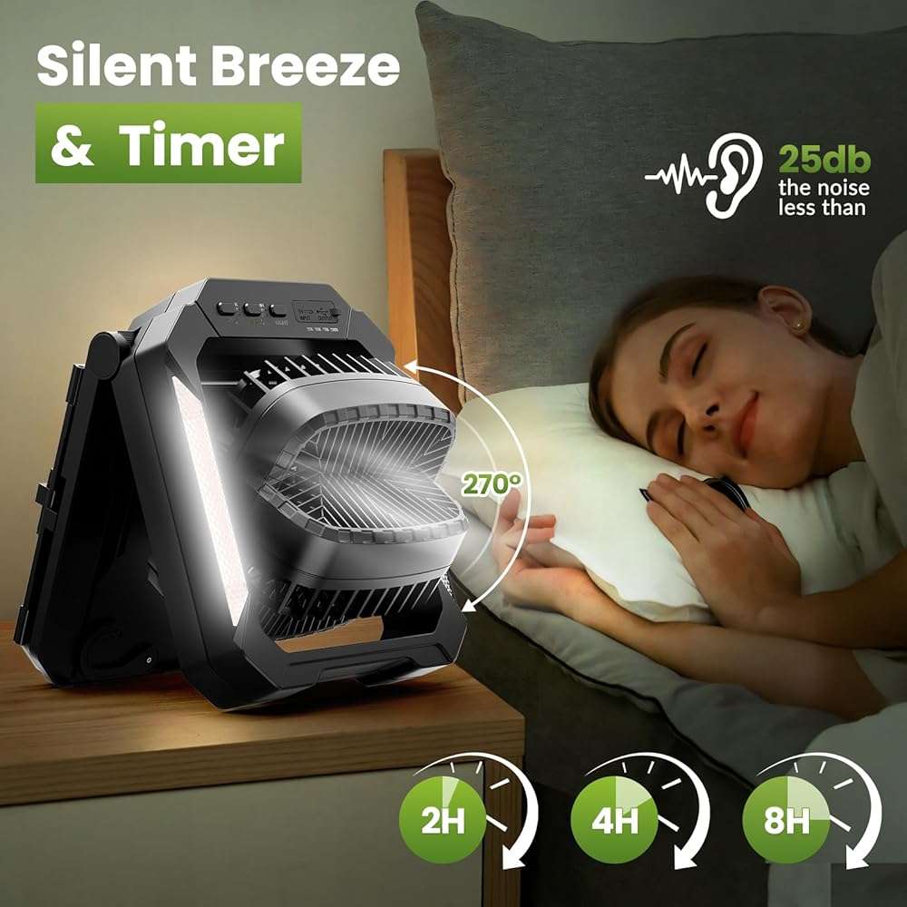 26800mAh Portable Fan Rechargeable with 18W Detachable Solar Panel, Quiet Battery Powered Camping Fan Cordless with LED Lantern,3 Speed,Timer,USB-C,for Bedroom Tent Home Office Desk Hurricane(Black) - Image 7