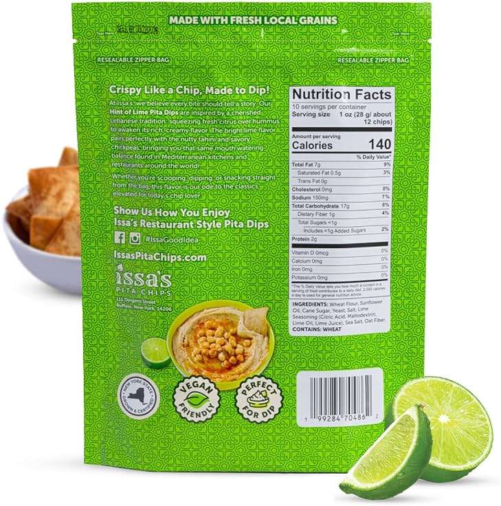Issa's Restaurant Style Hint of Lime Pita Dips | Authentic Lebanese Pita Chip Recipe | Thin and Crispy Dippable Pita Chips Made with Locally Sourced Ingredients | 4-Pack of 10oz Chip Bags - Image 2