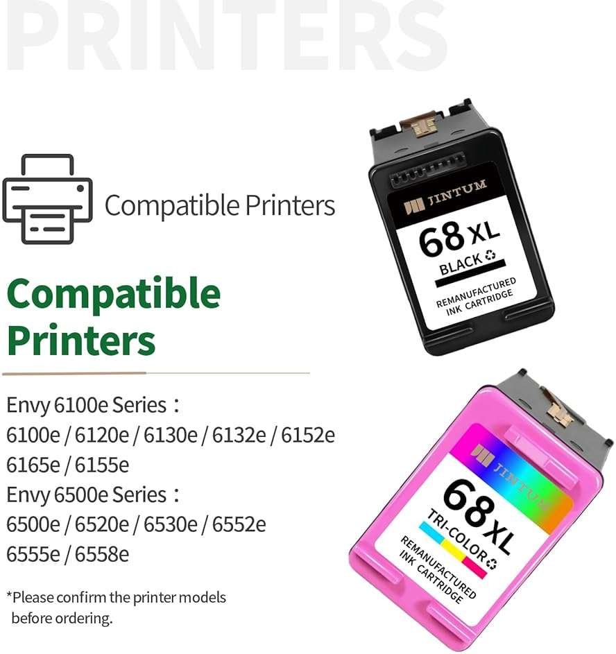 JINTUM 68XL 68 Ink Cartridge Compatible with HP 68 68XL 68e Ink Cartridges Black/Color Combo Pack Replacement for Envy 6155e 6100e 6152e 6500e 6552e 6555e 6558e Printer（1 Black 1 Tri-Color - Image 2