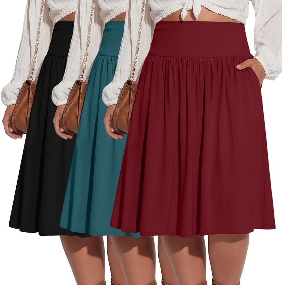 Riyiper 3 Pack Plus Size Knee Length Skirts for Curvy Women Pockets Flared High Waist Midi Pleated Flowy A Line Summer Skirts - Image 1