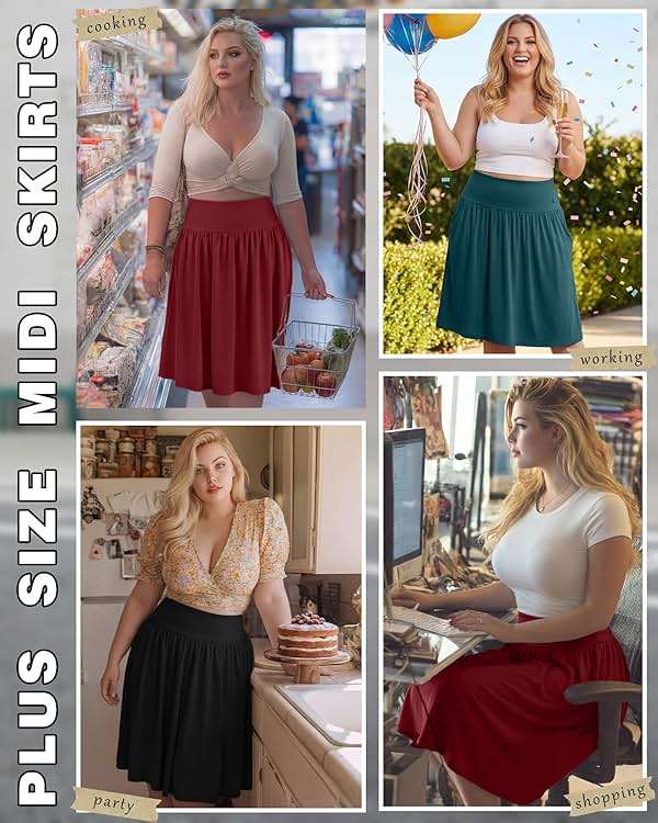 Riyiper 3 Pack Plus Size Knee Length Skirts for Curvy Women Pockets Flared High Waist Midi Pleated Flowy A Line Summer Skirts - Image 2