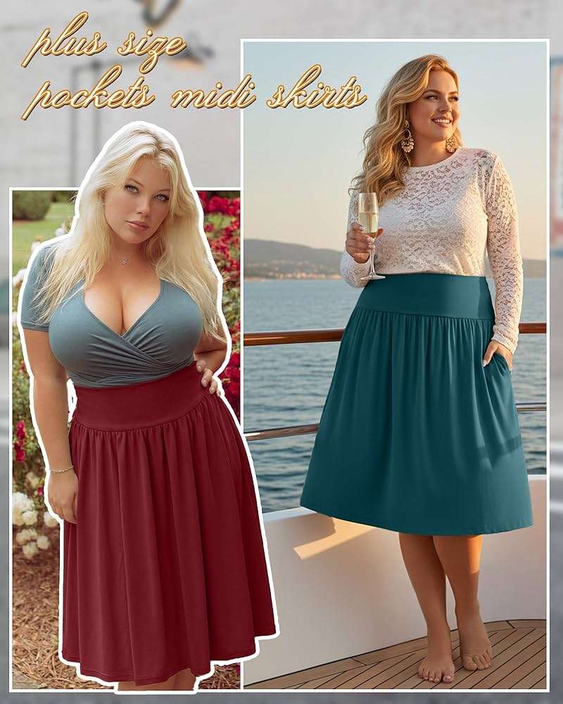 Riyiper 3 Pack Plus Size Knee Length Skirts for Curvy Women Pockets Flared High Waist Midi Pleated Flowy A Line Summer Skirts - Image 4