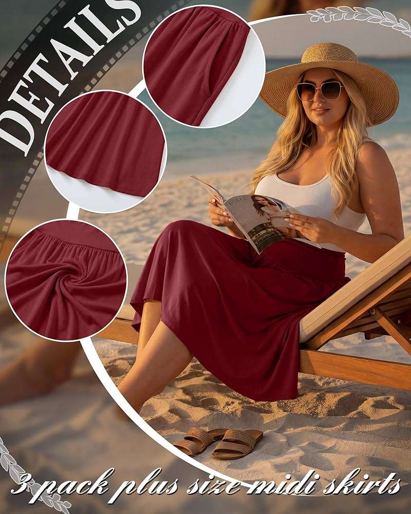 Riyiper 3 Pack Plus Size Knee Length Skirts for Curvy Women Pockets Flared High Waist Midi Pleated Flowy A Line Summer Skirts - Image 5