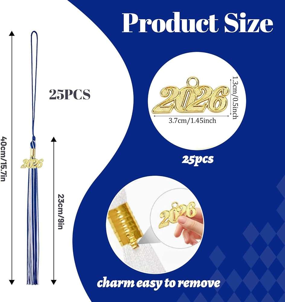 25 Pieces 2026 Graduation Tassel Bulk,Graduation Cap Tassels Decoration with 2026 Year Gold Date Charms,Grad Gifts for 2026 Year Grad Ceremonies Souvenir Class of 2026 for Grad Cap (Blue and White) - Image 3