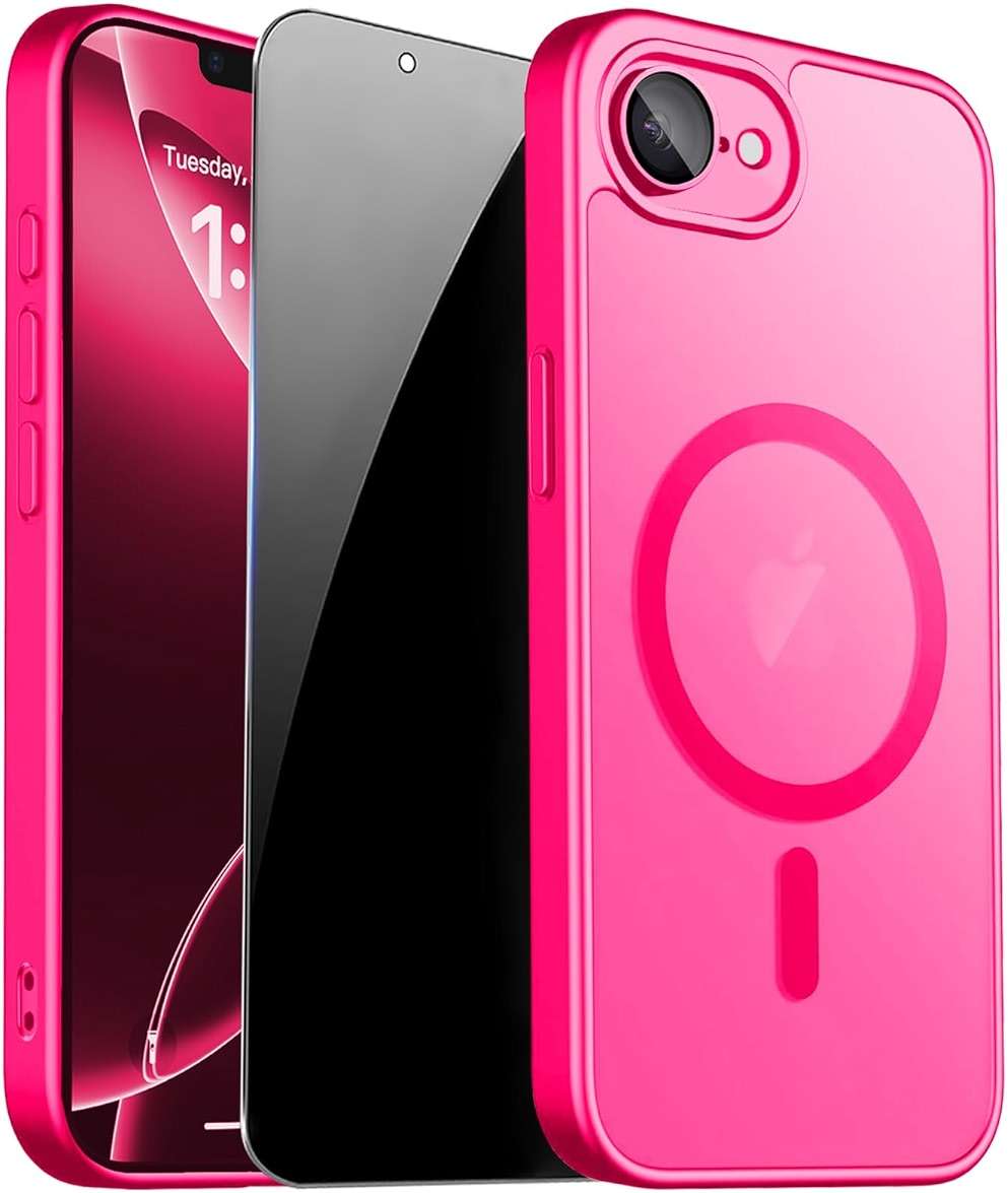 ZOZDOKG for iPhone 17e Case & iPhone 16e Case with Privacy Screen Protector and Camera Protection, Compatible with MagSafe,Magnetic Shockproof Phone Cover for iPhone 17 e / 16 e Women/Girls - Hot Pink - Image 1