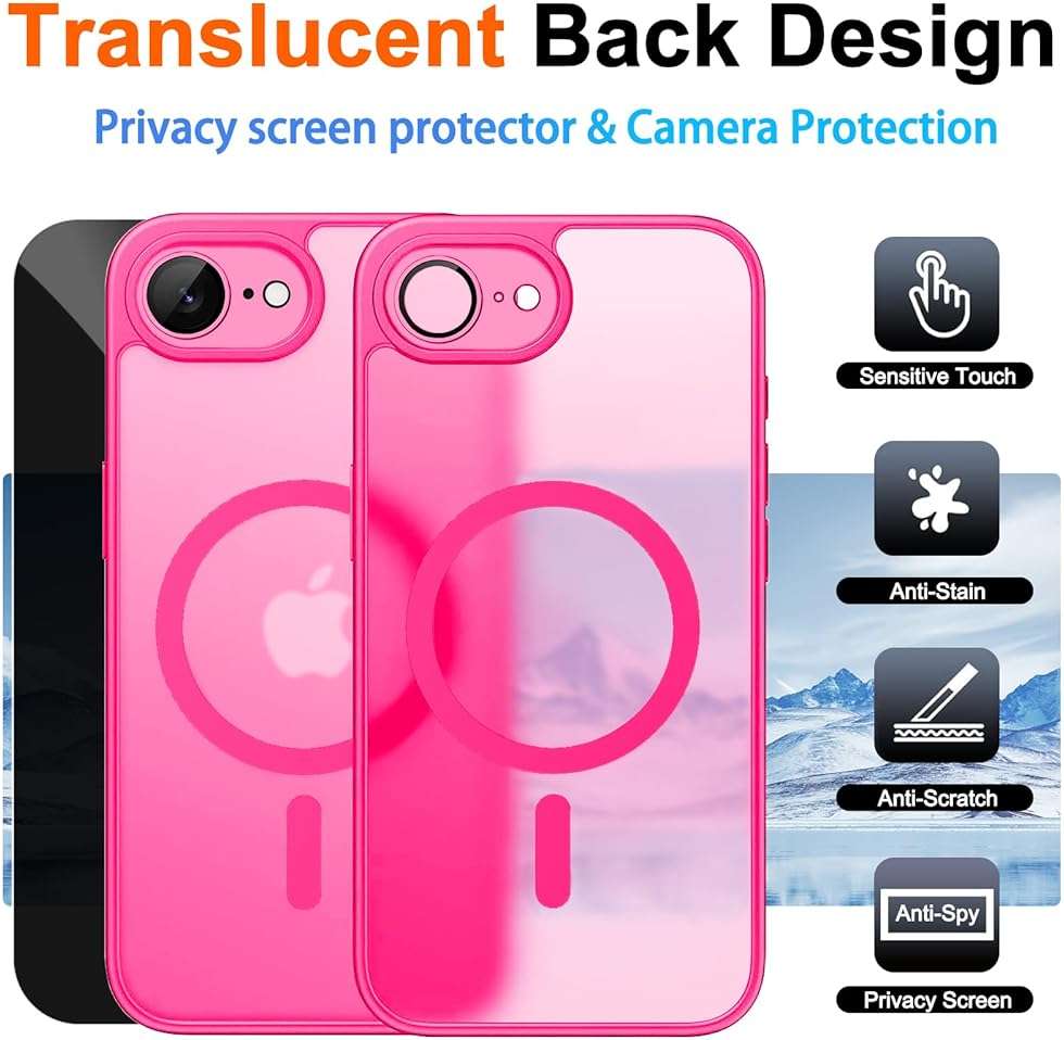 ZOZDOKG for iPhone 17e Case & iPhone 16e Case with Privacy Screen Protector and Camera Protection, Compatible with MagSafe,Magnetic Shockproof Phone Cover for iPhone 17 e / 16 e Women/Girls - Hot Pink - Image 2