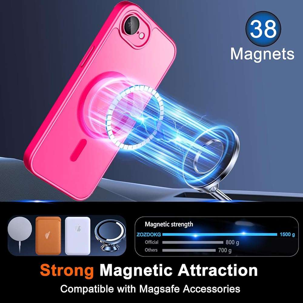 ZOZDOKG for iPhone 17e Case & iPhone 16e Case with Privacy Screen Protector and Camera Protection, Compatible with MagSafe,Magnetic Shockproof Phone Cover for iPhone 17 e / 16 e Women/Girls - Hot Pink - Image 3