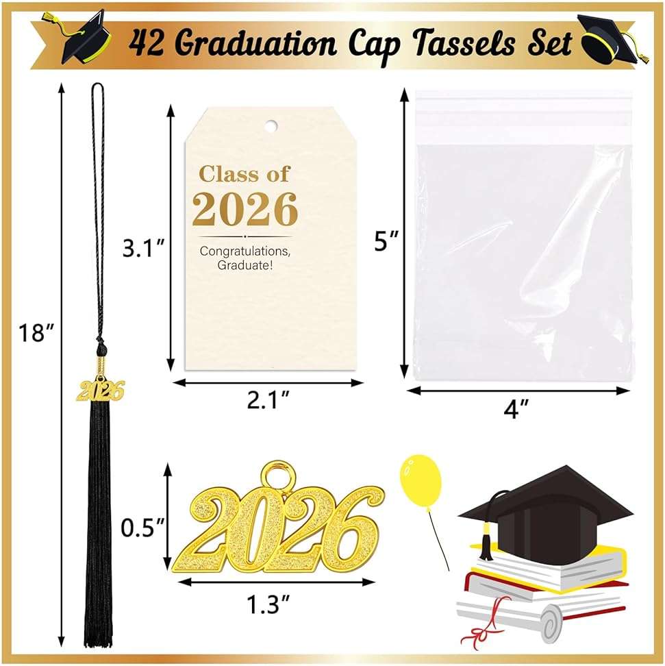 42 Sets Class of 2026 Graduation Tassels with 2026 Charms Cards and Gift Bags for Students Senior Ceremony Party Favors Bulk(Black) - Image 3