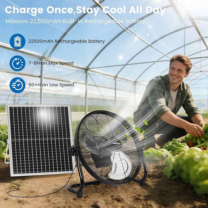 Gleekora 16'' Solar Powered Fan with 35W Solar Panel, Rechargeable Battery Operated Floor Fan with 23FT Cable, Cordless Portable Outdoor Fans for Home, Camping, Chicken Coop, Greenhouse, Power Outages - Image 5