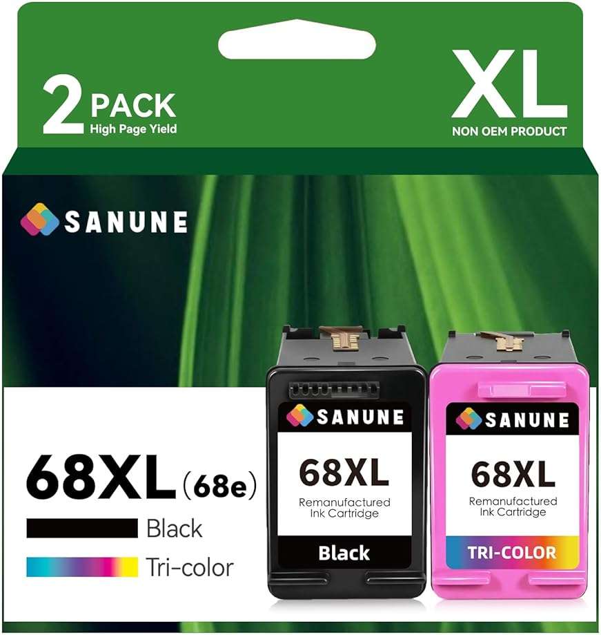 SANUNE 68XL Ink Cartridge Replacement for HP 68 Ink Cartridges Black/Color Combo Pack 68e Ink for HP Envy 6110e 6120e 6122e 6130e 6132e 6133e 6520e 6530e 6531e 6532e 6552e 6555e 6558e Printer (2-Pack) - Image 1