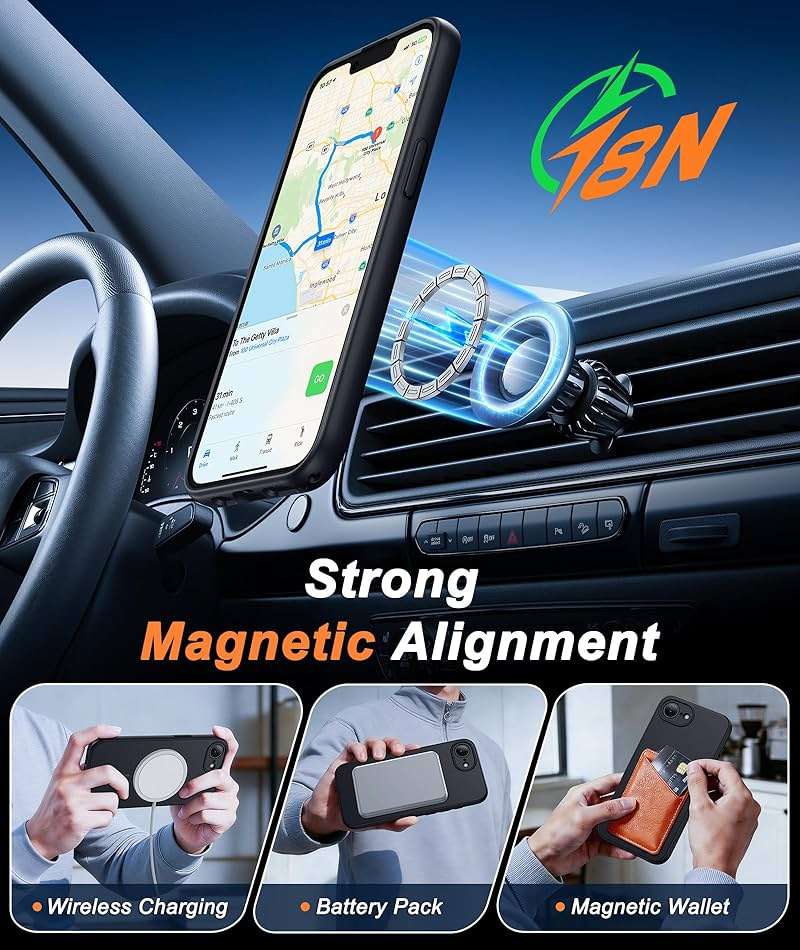 FNTCASE for iPhone 17e & iPhone 16e Case: [Compatible with Magsafe] Solid Matte Magnetic Phone Cover with [Full Camera Protection] [Screen Protector] Military Grade Shockproof Protective, Black - Image 3