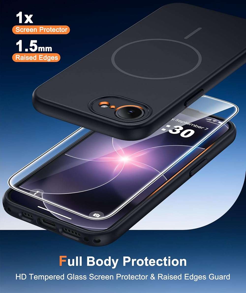FNTCASE for iPhone 17e & iPhone 16e Case: [Compatible with Magsafe] Solid Matte Magnetic Phone Cover with [Full Camera Protection] [Screen Protector] Military Grade Shockproof Protective, Black - Image 6