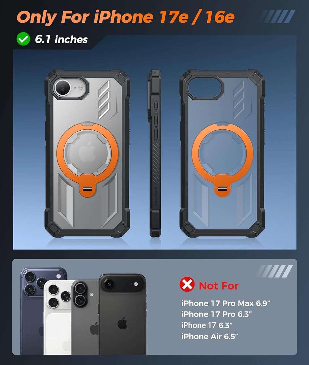 FNTCASE for iPhone 17e Phone Case: for iPhone 16e Case with [360 Spin Magnetic Ring Kickstand] [Compatible for MagSafe] [Screen Protector] Heavy Duty Military Grade Protection Case Translucent Orange - Image 2