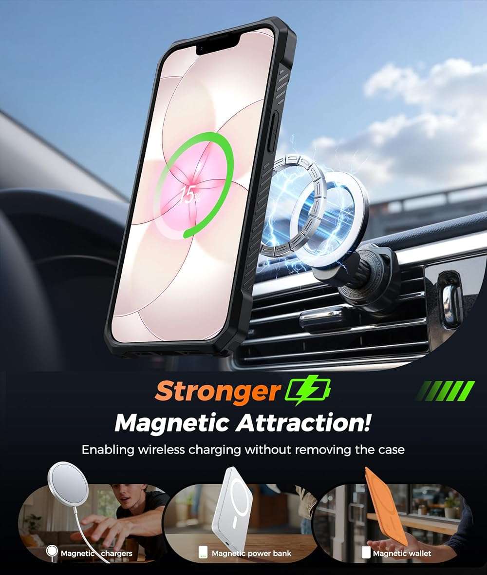 FNTCASE for iPhone 17e Phone Case: for iPhone 16e Case with [360 Spin Magnetic Ring Kickstand] [Compatible for MagSafe] [Screen Protector] Heavy Duty Military Grade Protection Case Translucent Orange - Image 3
