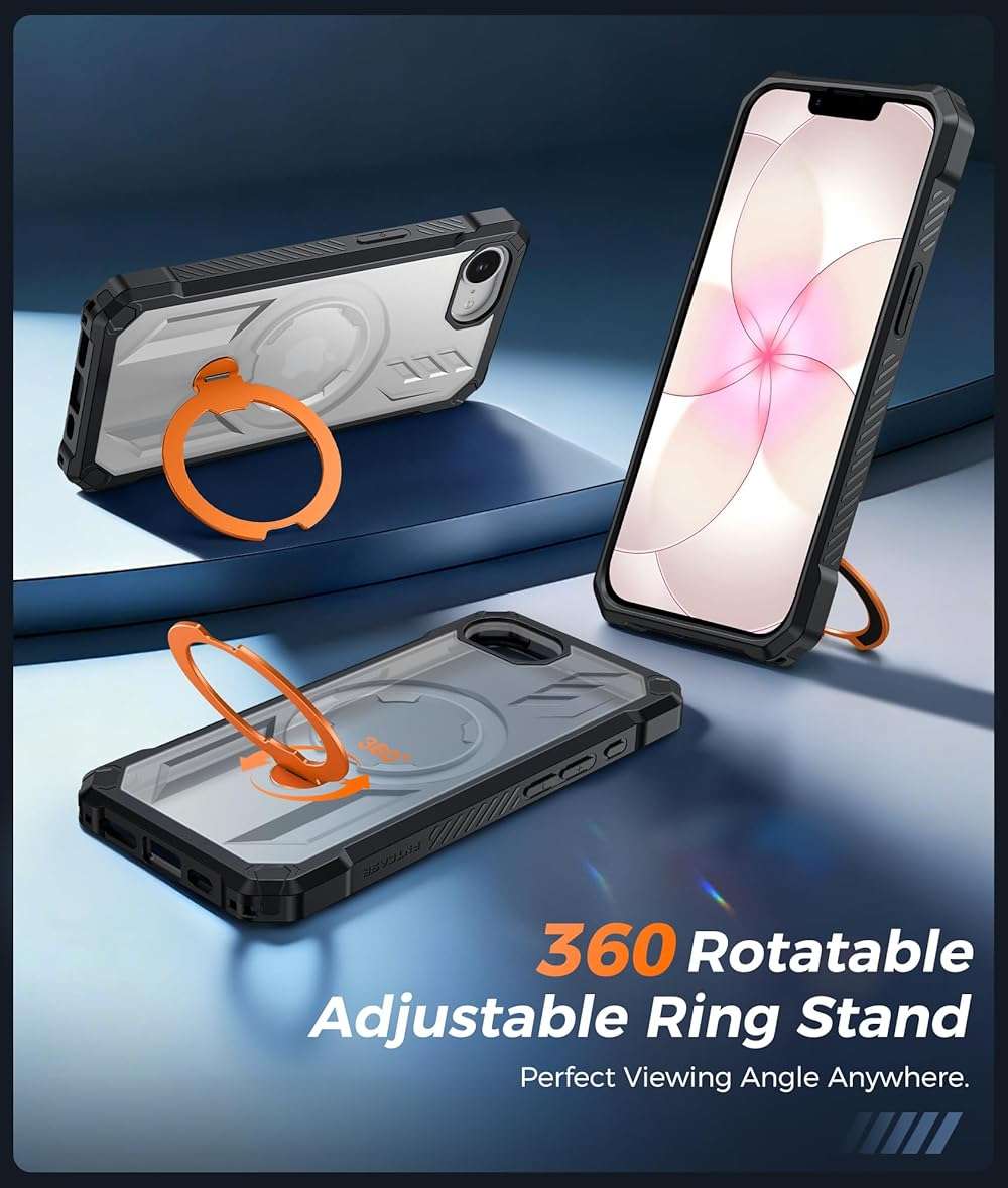 FNTCASE for iPhone 17e Phone Case: for iPhone 16e Case with [360 Spin Magnetic Ring Kickstand] [Compatible for MagSafe] [Screen Protector] Heavy Duty Military Grade Protection Case Translucent Orange - Image 4