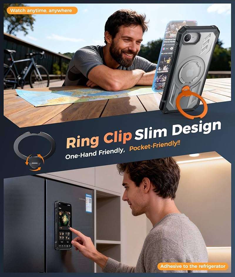 FNTCASE for iPhone 17e Phone Case: for iPhone 16e Case with [360 Spin Magnetic Ring Kickstand] [Compatible for MagSafe] [Screen Protector] Heavy Duty Military Grade Protection Case Translucent Orange - Image 7