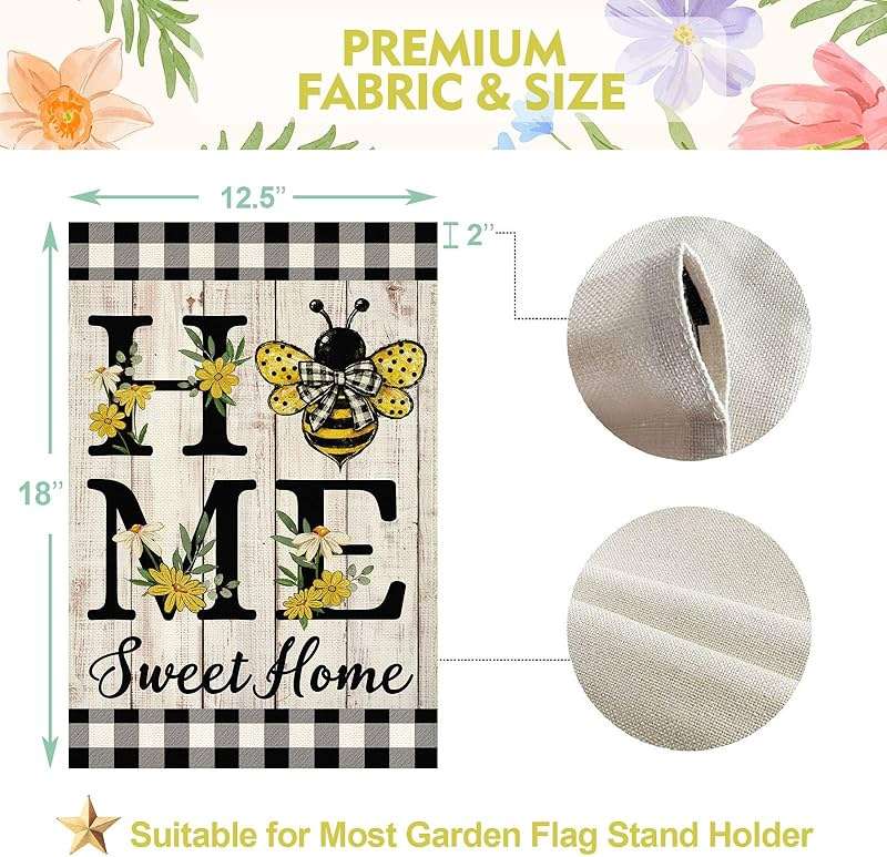 ORTIGIA Home Sweet Home Bee Garden Flag Double Sided 12.5x18 Inch, Spring Summer Yellow Flower Buffalo Plaid Check Small Yard Flag Burlap Farmhouse Rustic Outside Outdoor Lawn Patio Decor - Image 3
