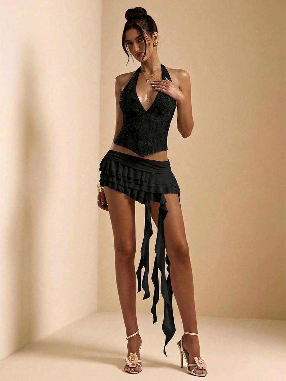 Verdusa Women's Y2k Mesh Ruffle Layered Mini Skirt Asymmetrical Flowy Skirts Festival Rave Date Night Outfits - Image 5