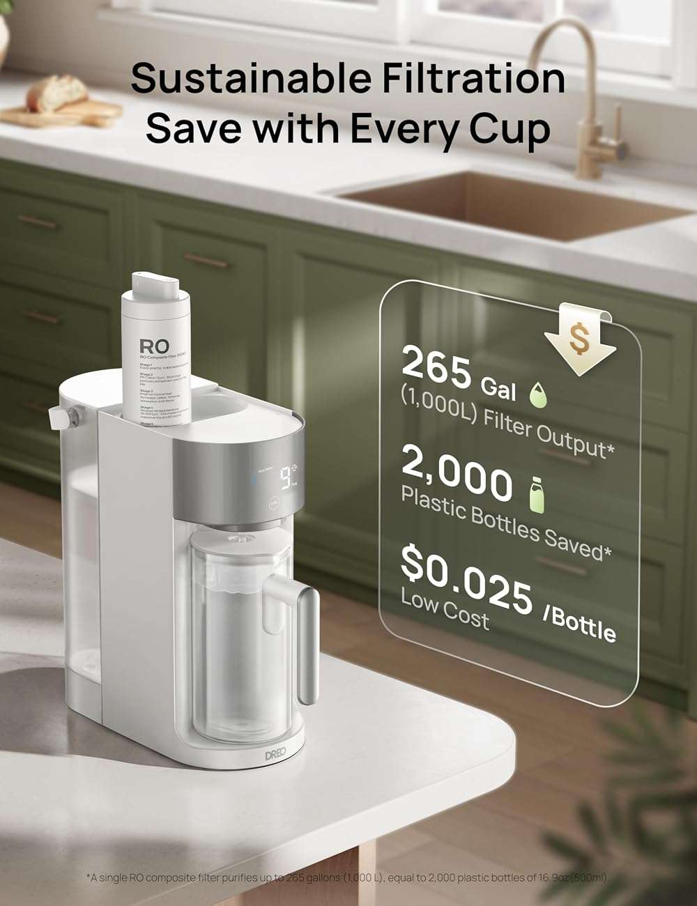DREO Reverse Osmosis Water Filter Countertop, RO Filtration System, 3:1 Pure to Drain, TDS & Filter Life & Autofill Pitcher, Installation-Free, Self-Cleaning Water Purifier, RO Water Filter - Image 4