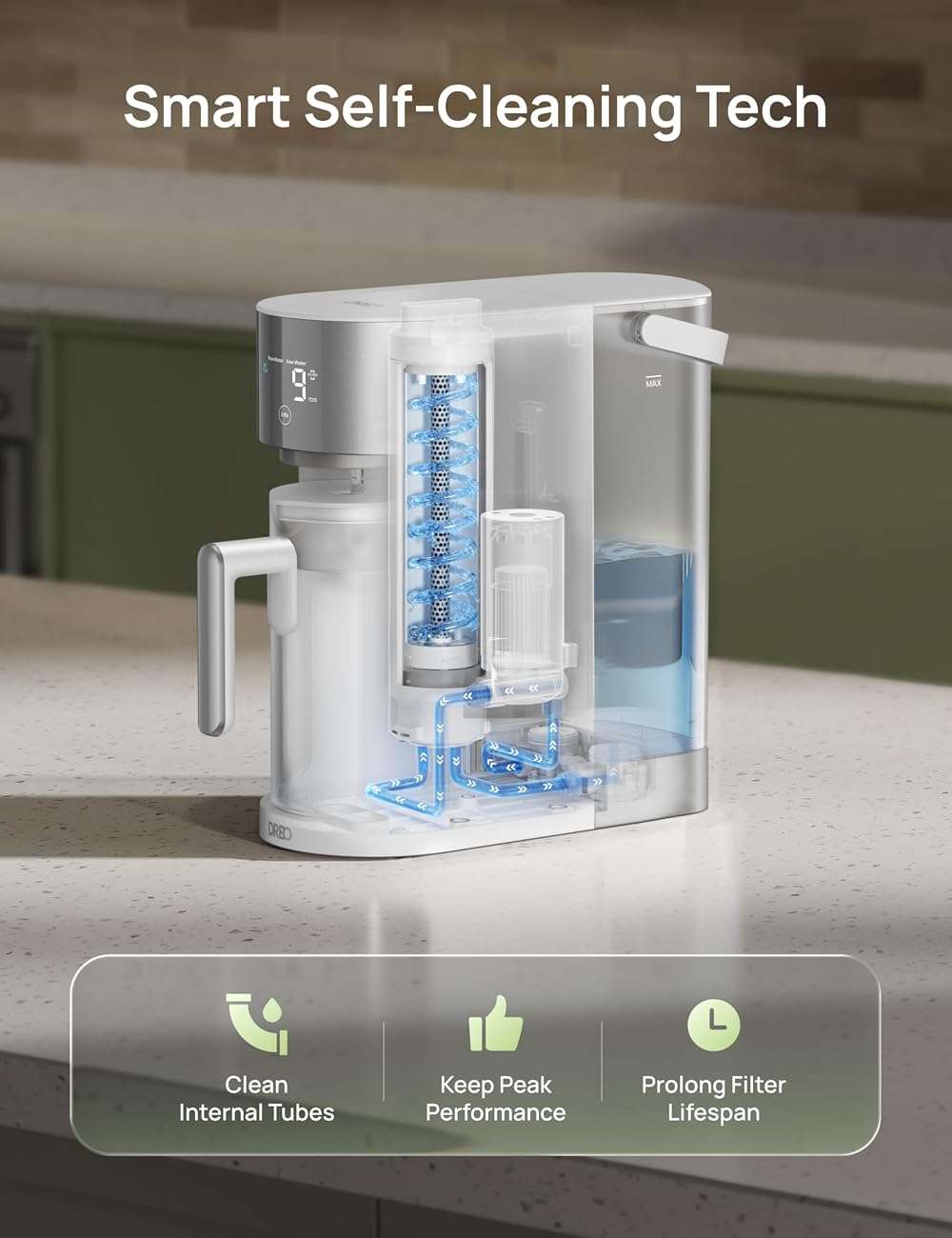 DREO Reverse Osmosis Water Filter Countertop, RO Filtration System, 3:1 Pure to Drain, TDS & Filter Life & Autofill Pitcher, Installation-Free, Self-Cleaning Water Purifier, RO Water Filter - Image 7