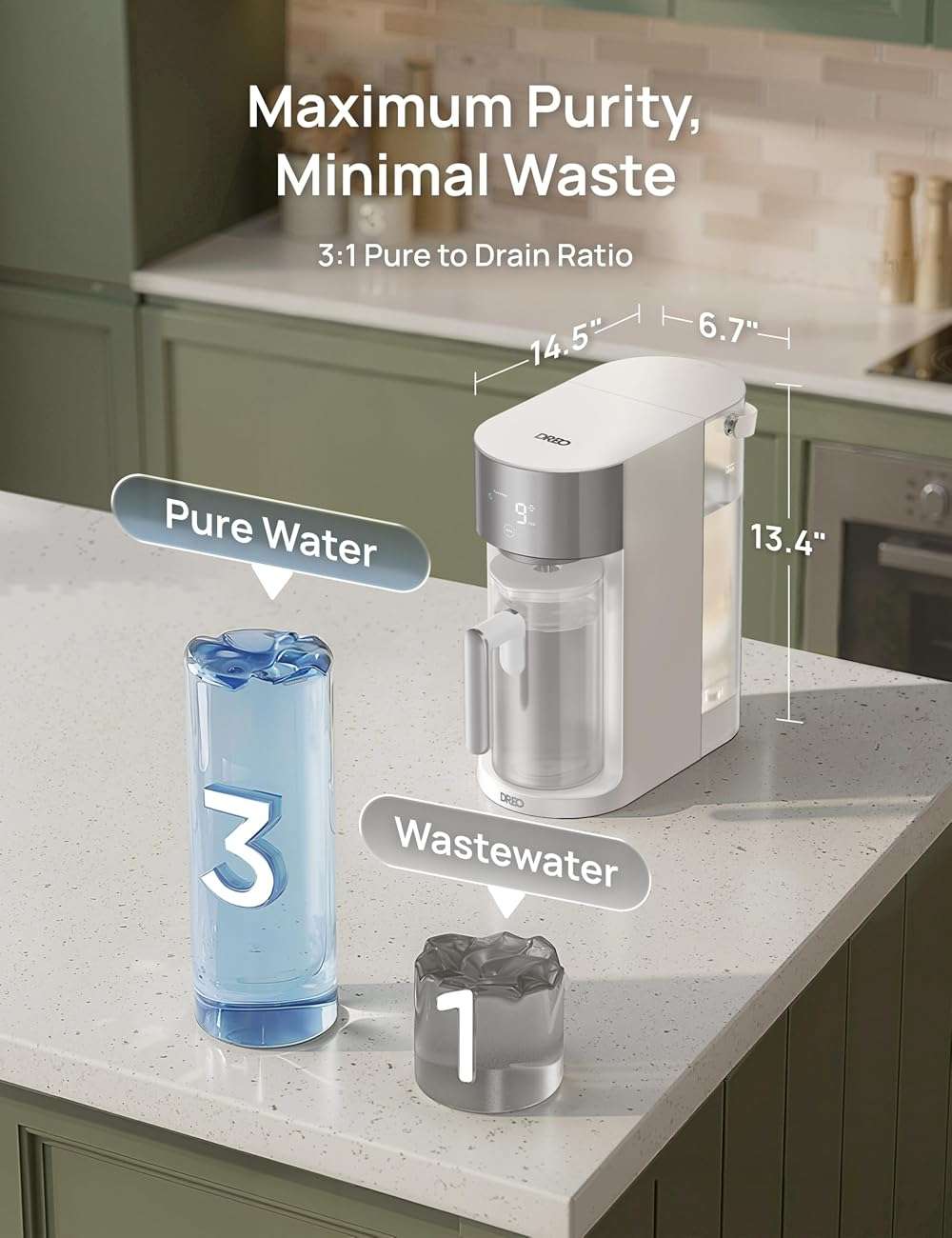DREO Reverse Osmosis Water Filter Countertop, RO Filtration System, 3:1 Pure to Drain, TDS & Filter Life & Autofill Pitcher, Installation-Free, Self-Cleaning Water Purifier, RO Water Filter - Image 8