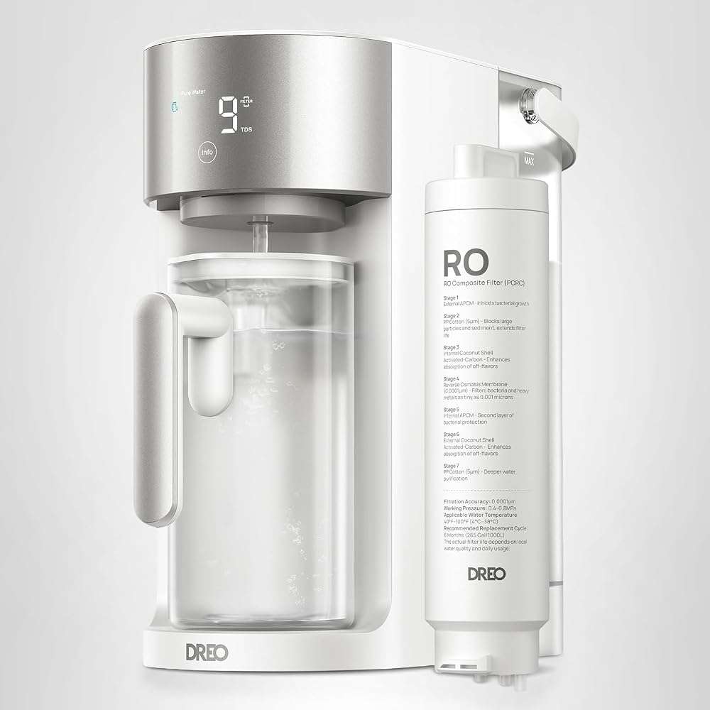 DREO Reverse Osmosis Water Filter Countertop, RO Filtration System, 3:1 Pure to Drain, TDS & Filter Life & Autofill Pitcher, Installation-Free, Self-Cleaning Water Purifier, RO Water Filter - Image 9