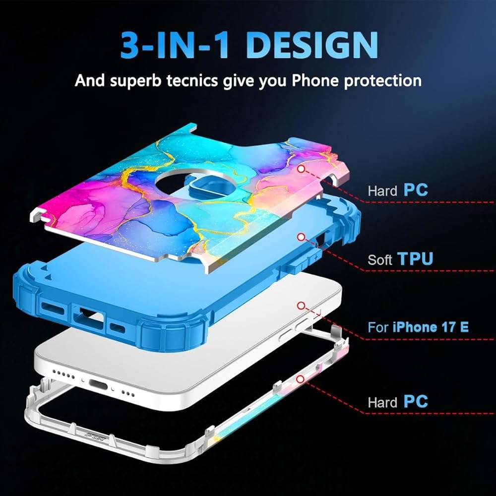 Casetego for iPhone 17e Case,iPhone 16e Case,Three Layer Heavy Duty Sturdy Shockproof Protection Full Rugged Hard PC+Soft TPU Bumper Protective Girls Case for iPhone 17e/16e 6.1 inch,Colorful - Image 4