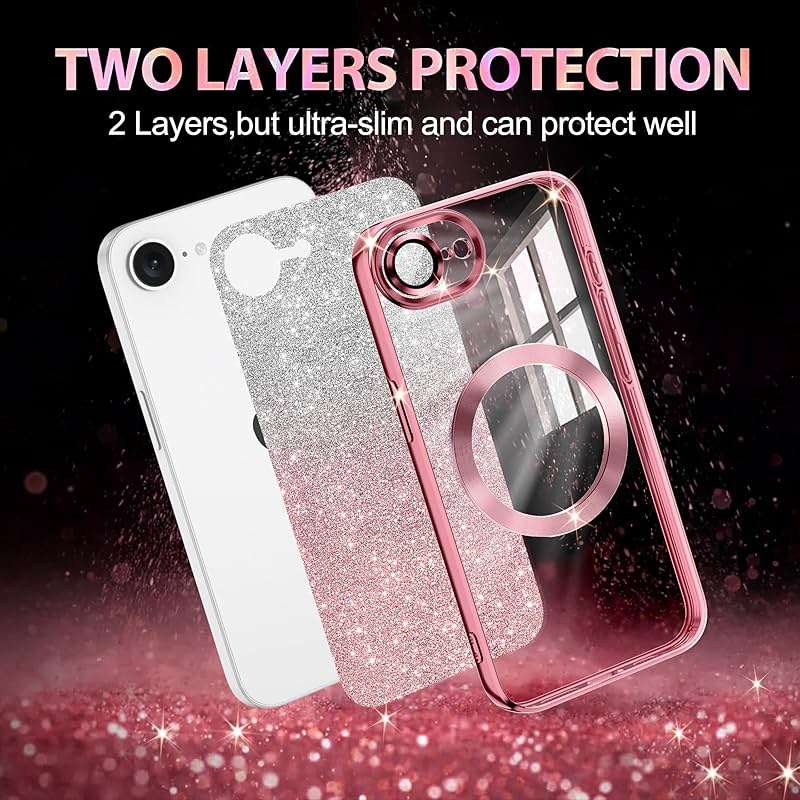 Casetego for iPhone 17e Case,Compatible with MagSafe,Clear Magnetic Glitter Sparkle Luxury Plated Soft TPU Bumper Full Camera Lens Protector for Apple iPhone 17e,All Rose Gold - Image 4