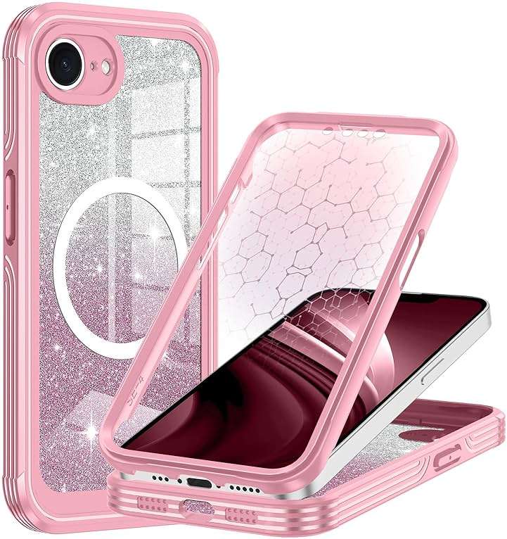 Hekodonk for iPhone 17e Case, Compatible with Magsafe [Built-in Tempered Glass Screen Protector & Camera Lens Protection] Full Body Shockproof Protective Women Girl Bling Case,All Pink - Image 1