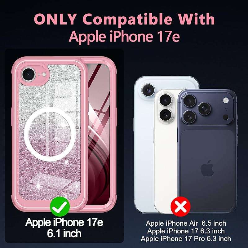 Hekodonk for iPhone 17e Case, Compatible with Magsafe [Built-in Tempered Glass Screen Protector & Camera Lens Protection] Full Body Shockproof Protective Women Girl Bling Case,All Pink - Image 2