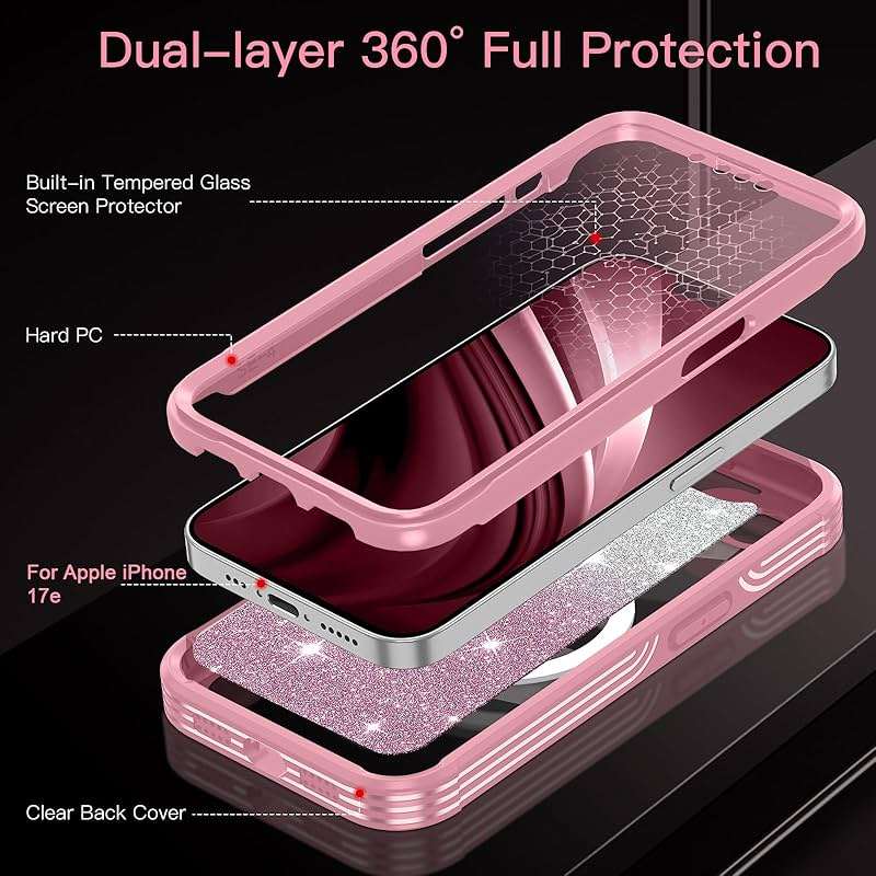 Hekodonk for iPhone 17e Case, Compatible with Magsafe [Built-in Tempered Glass Screen Protector & Camera Lens Protection] Full Body Shockproof Protective Women Girl Bling Case,All Pink - Image 3