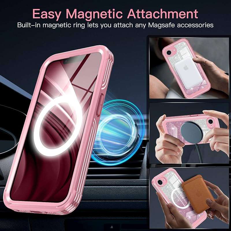 Hekodonk for iPhone 17e Case, Compatible with Magsafe [Built-in Tempered Glass Screen Protector & Camera Lens Protection] Full Body Shockproof Protective Women Girl Bling Case,All Pink - Image 5