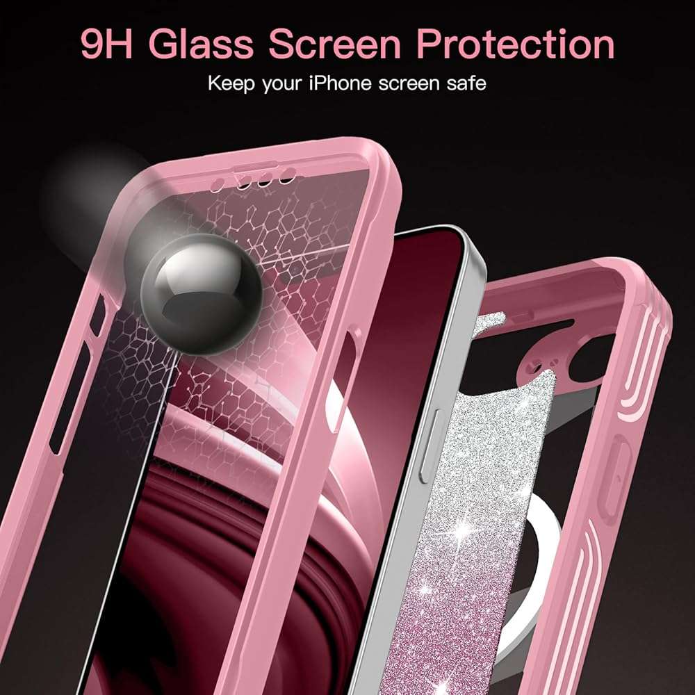 Hekodonk for iPhone 17e Case, Compatible with Magsafe [Built-in Tempered Glass Screen Protector & Camera Lens Protection] Full Body Shockproof Protective Women Girl Bling Case,All Pink - Image 8