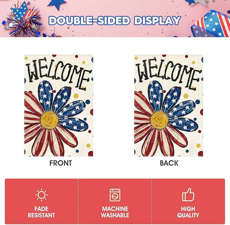 AVOIN colorlife 4th of July Patriotic Garden Flag 12x18 Inch Double Sided Outside, Memorial Day Welcome Floral Daisy Yard Outdoor Decoration - Image 6