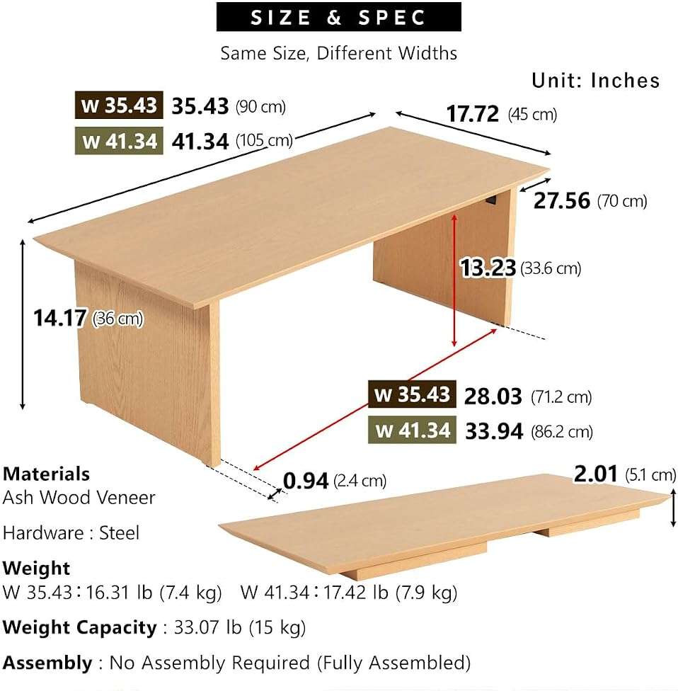 EMOOR Wood Folding Coffee Table Rectangle Large (17.7"x41.3") Natural, Floor Sitting Low Table Small Space Minimalist Japanese Tatami Room - Image 2