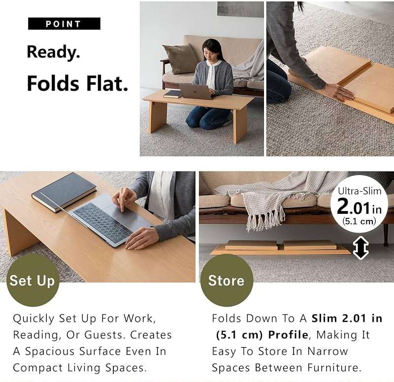 EMOOR Wood Folding Coffee Table Rectangle Large (17.7"x41.3") Natural, Floor Sitting Low Table Small Space Minimalist Japanese Tatami Room - Image 4