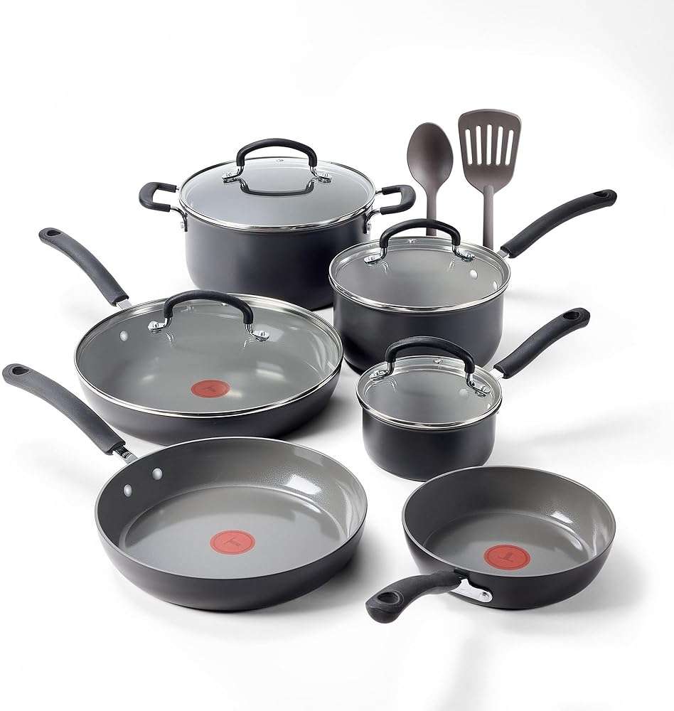 T-Fal Ultimate Hard Anodized 12-Piece Ceramic Nonstick Cookware Set, Oven Safe Up to 400°F, Ceramic Pots and Pans Set, Frying Pans, Saucepan, Stockpot, Cooking Utensils, Stone - Image 1