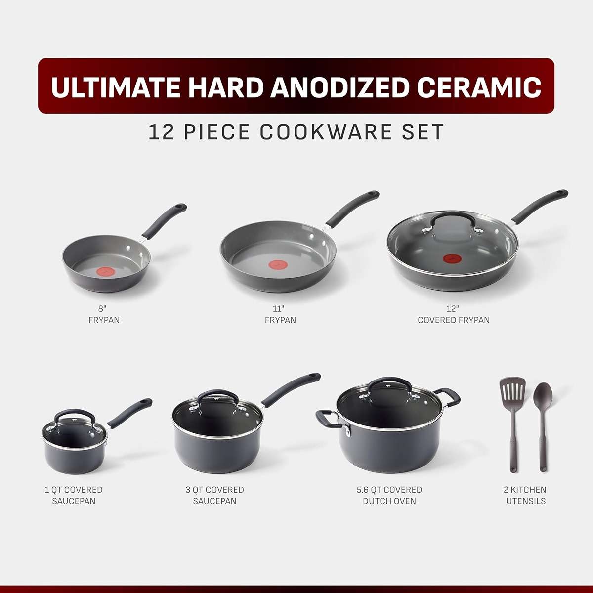 T-Fal Ultimate Hard Anodized 12-Piece Ceramic Nonstick Cookware Set, Oven Safe Up to 400°F, Ceramic Pots and Pans Set, Frying Pans, Saucepan, Stockpot, Cooking Utensils, Stone - Image 2