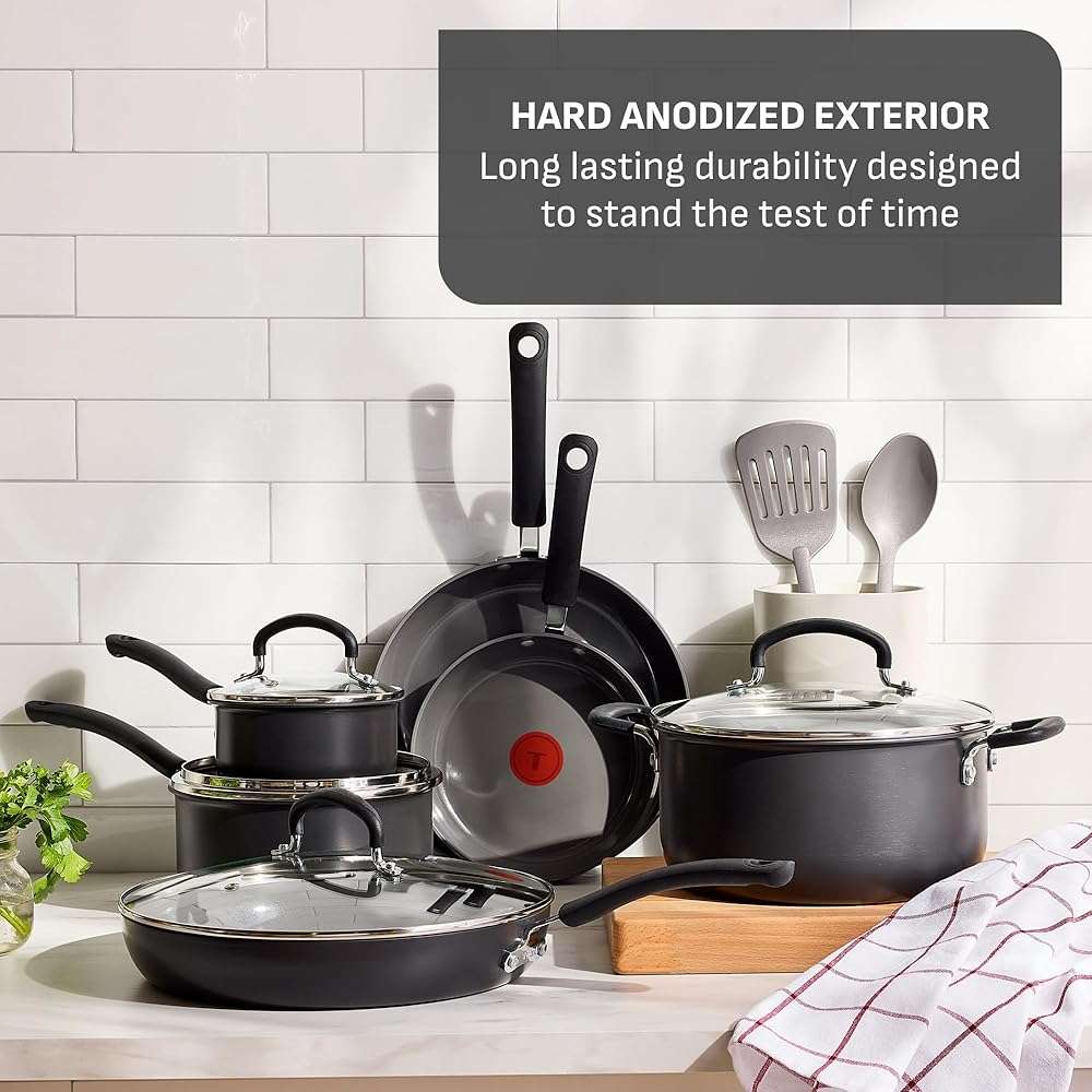 T-Fal Ultimate Hard Anodized 12-Piece Ceramic Nonstick Cookware Set, Oven Safe Up to 400°F, Ceramic Pots and Pans Set, Frying Pans, Saucepan, Stockpot, Cooking Utensils, Stone - Image 3