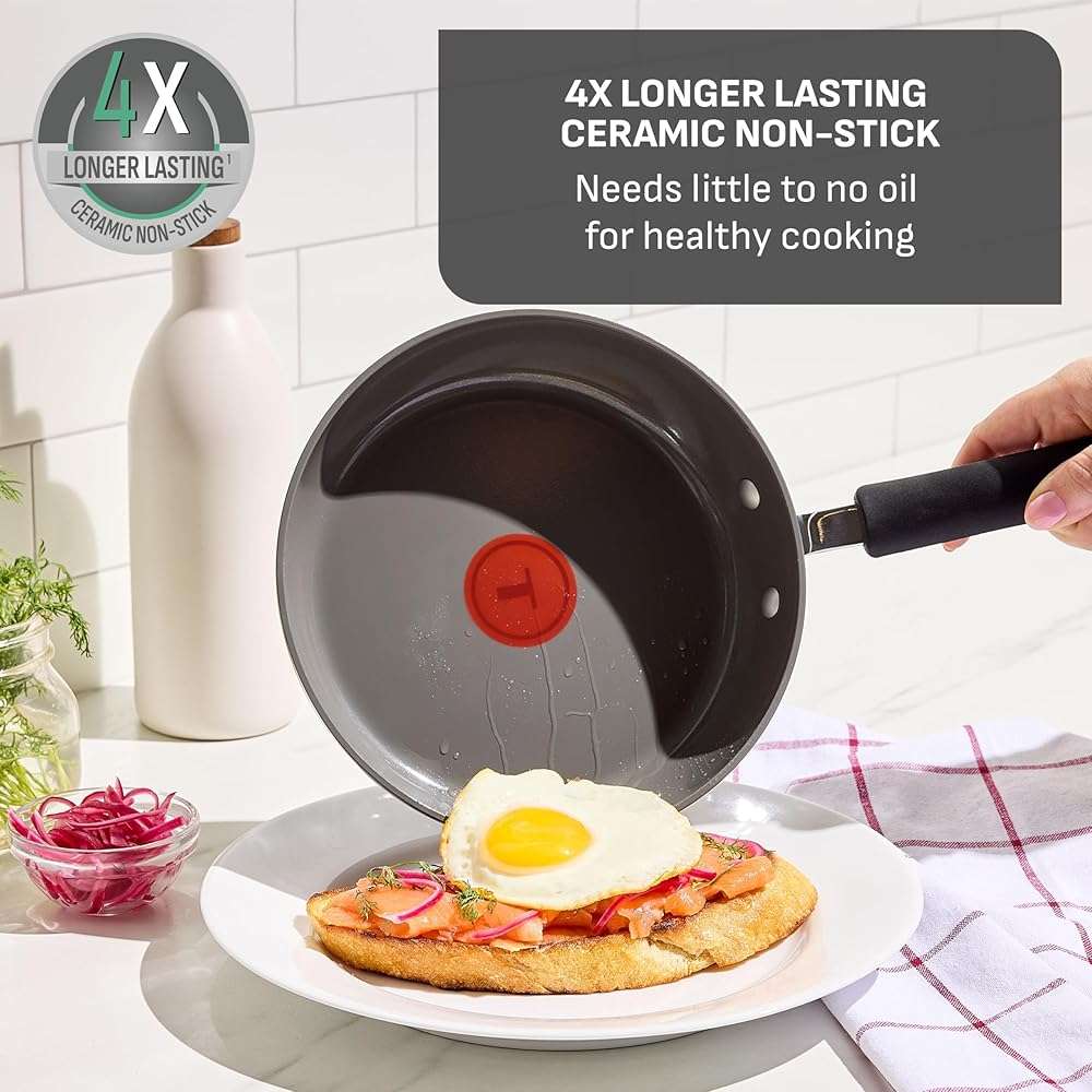 T-Fal Ultimate Hard Anodized 12-Piece Ceramic Nonstick Cookware Set, Oven Safe Up to 400°F, Ceramic Pots and Pans Set, Frying Pans, Saucepan, Stockpot, Cooking Utensils, Stone - Image 4