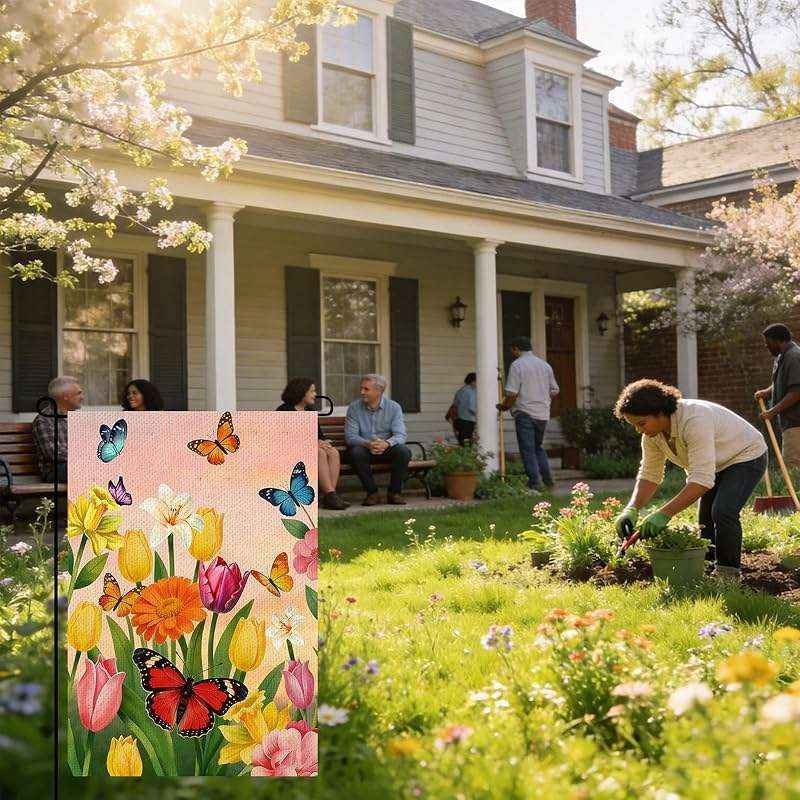 Spring Summer Tulip butterfly Welcome Garden Flag 12x18 Inch Double Sided Colorful Floral Outside Flag for Burlap Holiday Farm house Yard Flag Outside Decoration - Image 2