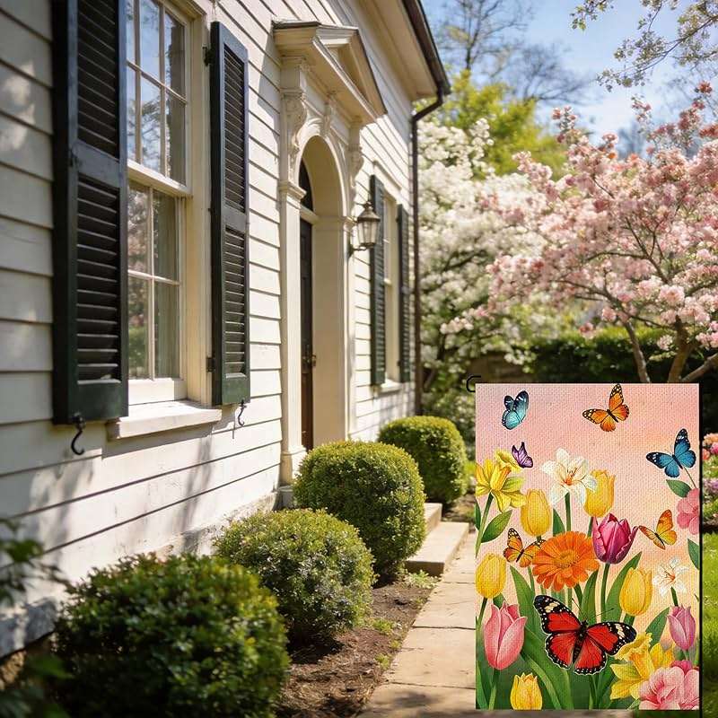 Spring Summer Tulip butterfly Welcome Garden Flag 12x18 Inch Double Sided Colorful Floral Outside Flag for Burlap Holiday Farm house Yard Flag Outside Decoration - Image 6