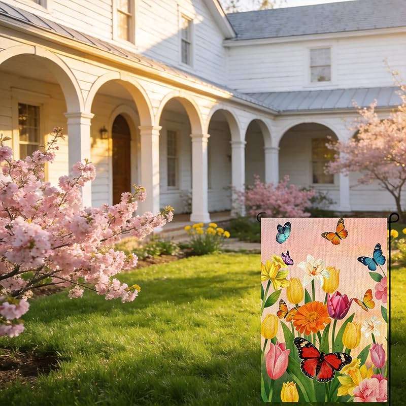 Spring Summer Tulip butterfly Welcome Garden Flag 12x18 Inch Double Sided Colorful Floral Outside Flag for Burlap Holiday Farm house Yard Flag Outside Decoration - Image 7