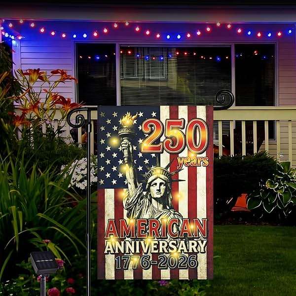 FLAGMESAGE Lighted 250th Anniversary USA Garden Flag for Outside, Solar Led Double-sided Patriotic Banner with 1776-2026 250 Years of American Freedom Design for Independence Day, July 4th Decor (LED Statue of Liberty, 12 x 18 Inch) - Image 2